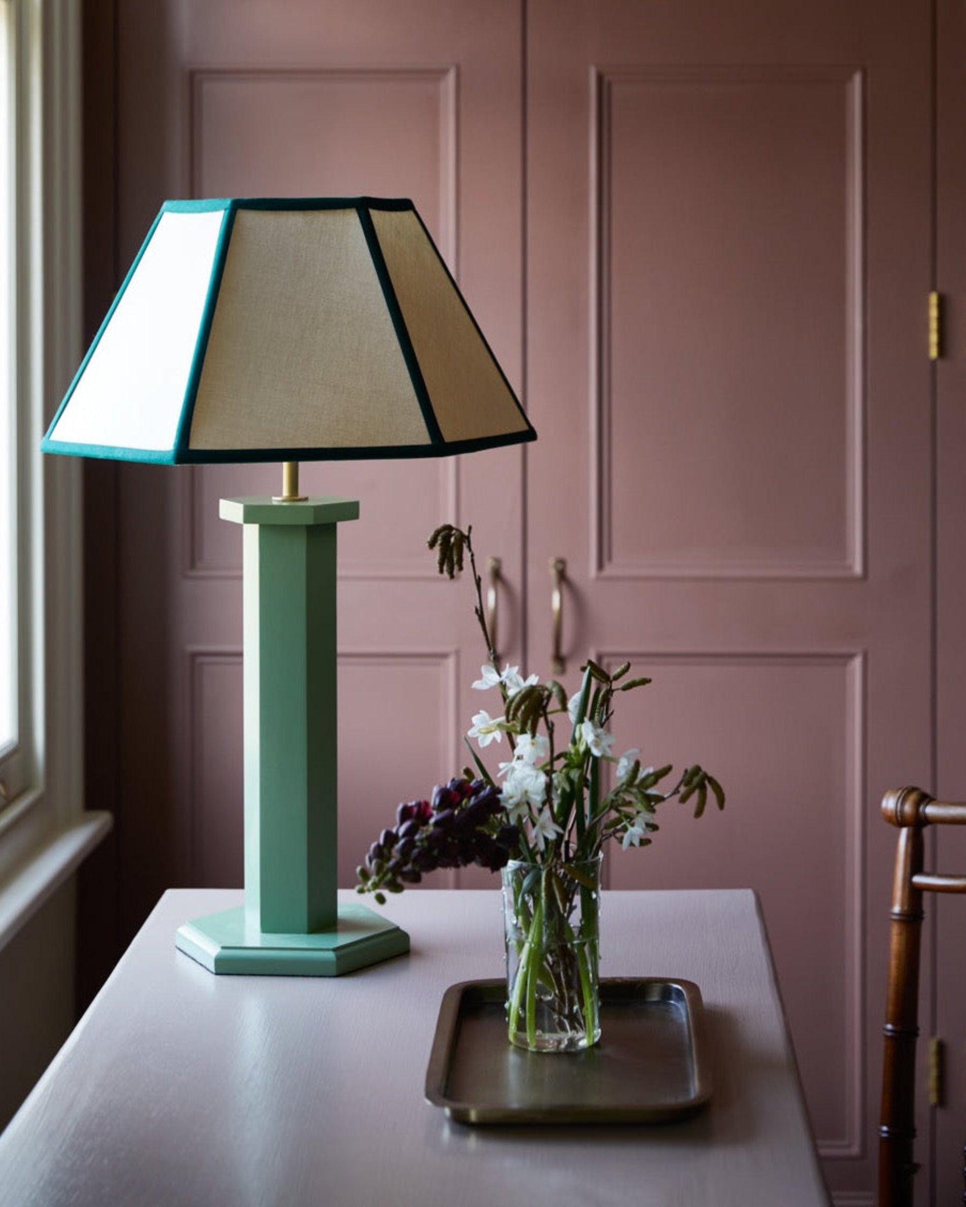 Issy Granger Medium Hexagon Cream, Green, Linen Lampshade. Shade. Table Lamp. Lighting Shade 