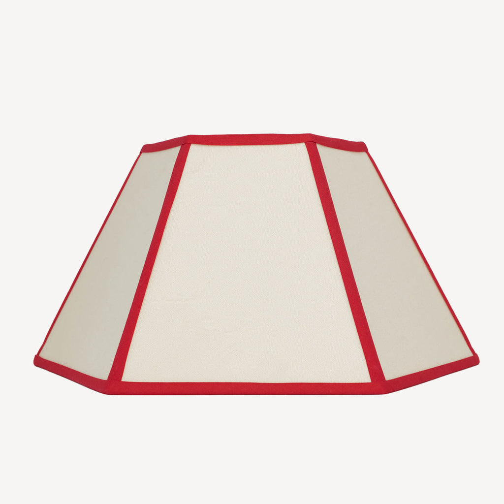 Issy Granger Medium Hexagon Cream, Red, Linen Lampshade. Shade. Table Lamp. Lighting Shade