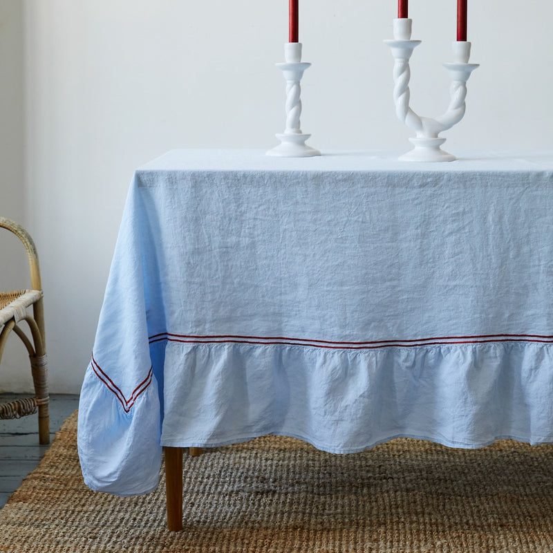 Issy Granger Double Piped Blue Linen Tablecloth 