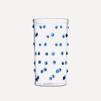 Issy Granger Highball Glass. Glass tumbler. Spotty Blue Highball Glass. Blue Pom Glass. Blue Dotty Glass. 