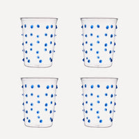 Issy Granger Glass. Set of 4 Glass tumbler. Spotty Blue Glass. Blue Pom Glass. Blue Dotty Water Glass. Set of four