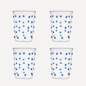 Issy Granger Glass. Set of 4 Glass tumbler. Spotty Blue Glass. Blue Pom Glass. Blue Dotty Water Glass. Set of four