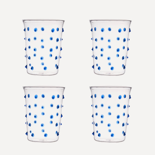 Issy Granger Glass. Set of 4 Glass tumbler. Spotty Blue Glass. Blue Pom Glass. Blue Dotty Water Glass. Set of four