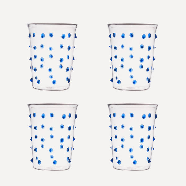 Issy Granger Glass. Set of 4 Glass tumbler. Spotty Blue Glass. Blue Pom Glass. Blue Dotty Water Glass. Set of four