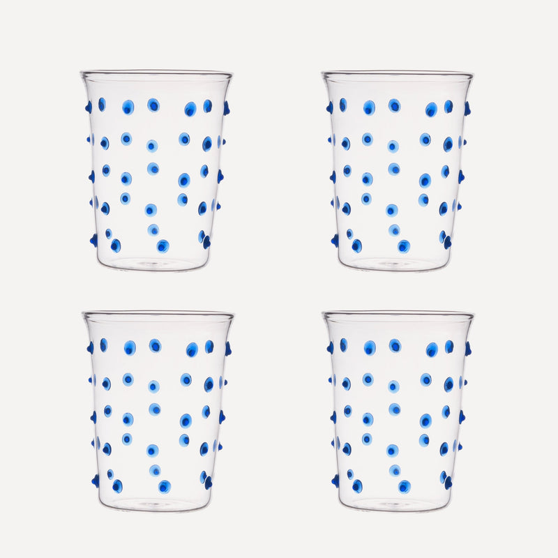 Issy Granger Glass. Set of 4 Glass tumbler. Spotty Blue Glass. Blue Pom Glass. Blue Dotty Water Glass. Set of four