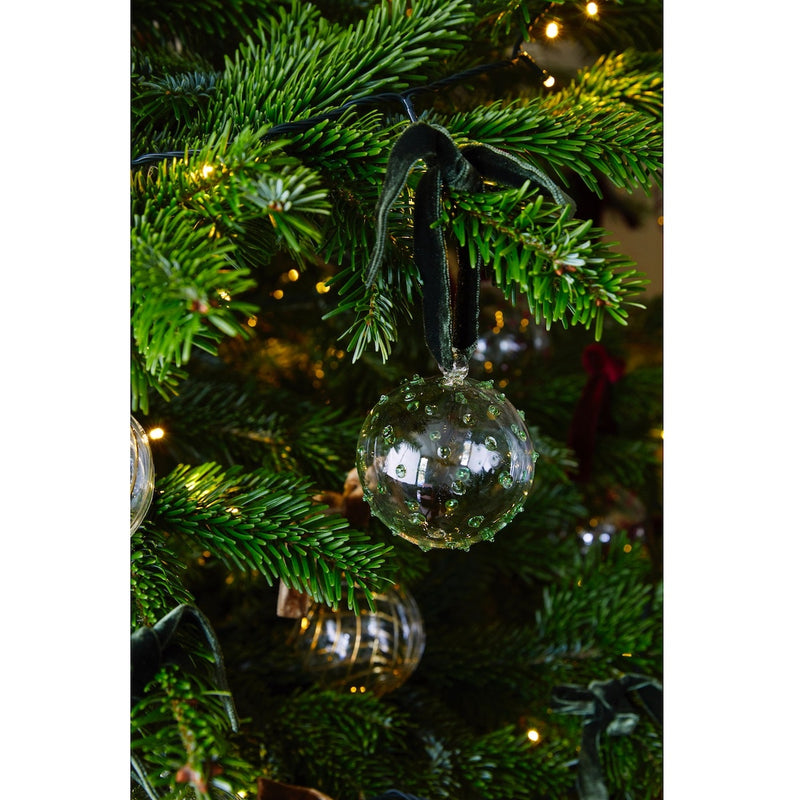 Issy Granger Glass Christmas Bauble. Christmas tree decoration. Glass Christmas Ornament. Green dotty christmas bauble. Spotty Green Christmas Tree decoration.