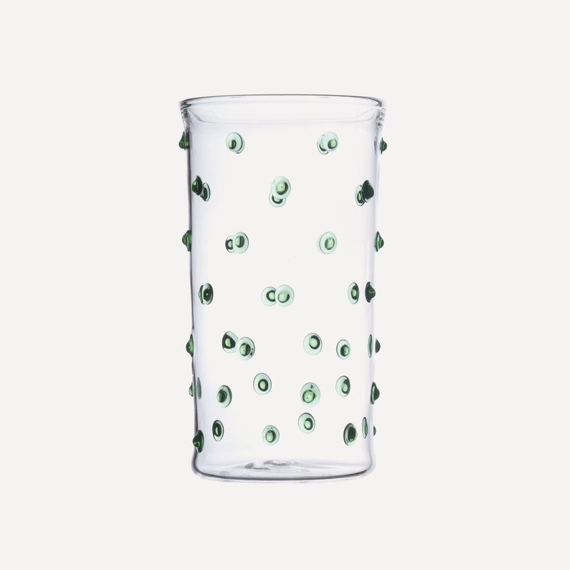 Issy Granger Green Spotty Highball Glass. Cocktail Glass. Water Tumbler. Water glass. Dotty glass. Spotty glass.