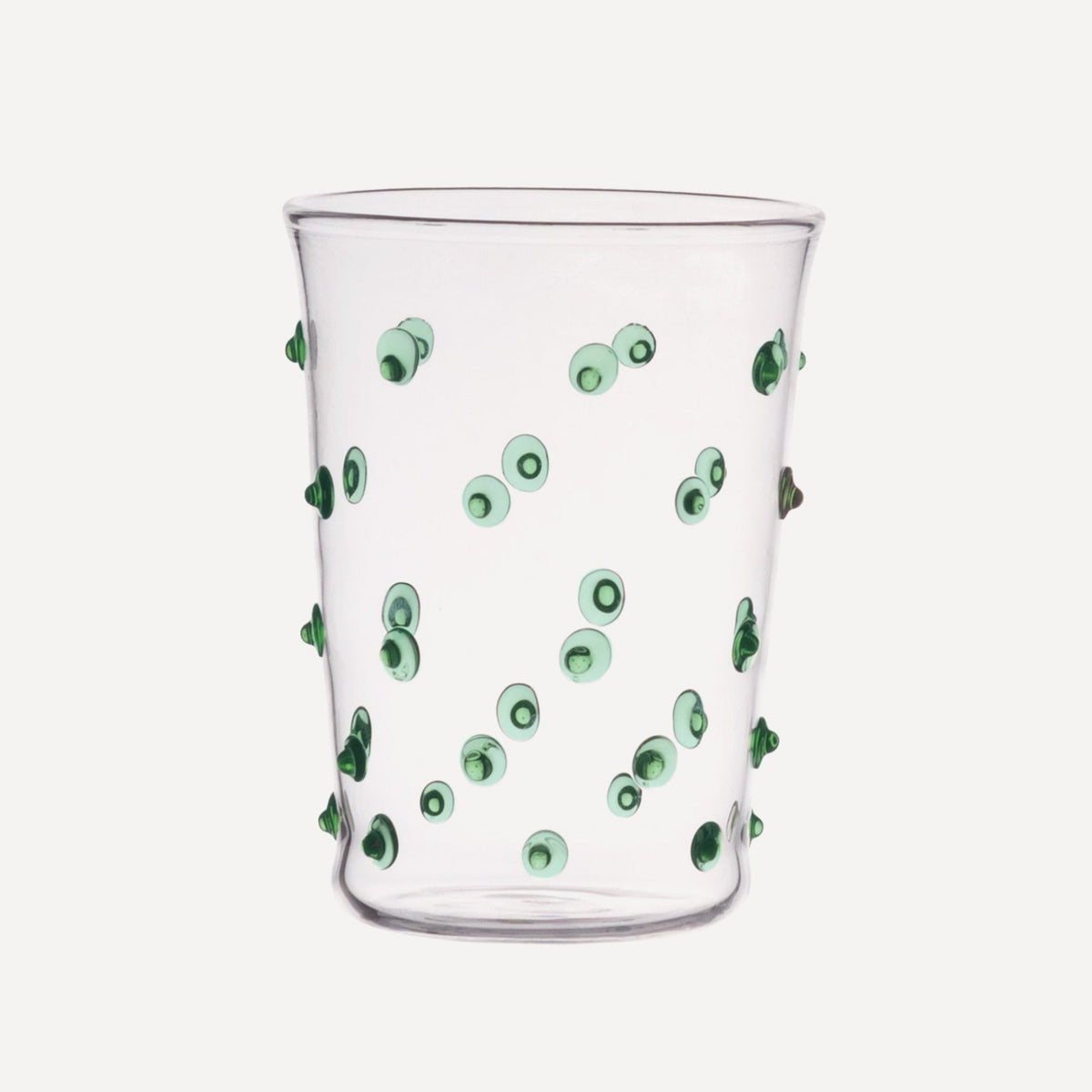 Issy Granger Green Spotty Pom Water Tumbler. Water Glass. Dotty water glass