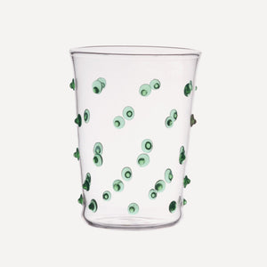 Issy Granger Green Spotty Pom Water Tumbler. Water Glass. Dotty water glass