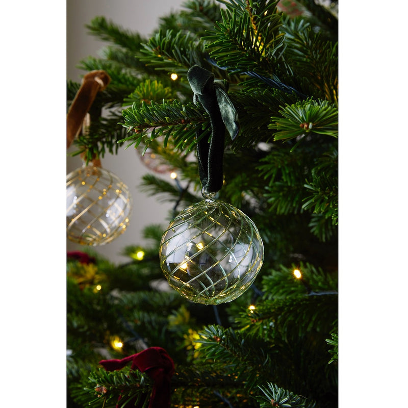 Issy Granger Green Swirl Glass Christmas Baubles. Glass Christmas Ornaments. Glass Christmas Tree decorations. Velvet Ribbon. Set of six decorations.