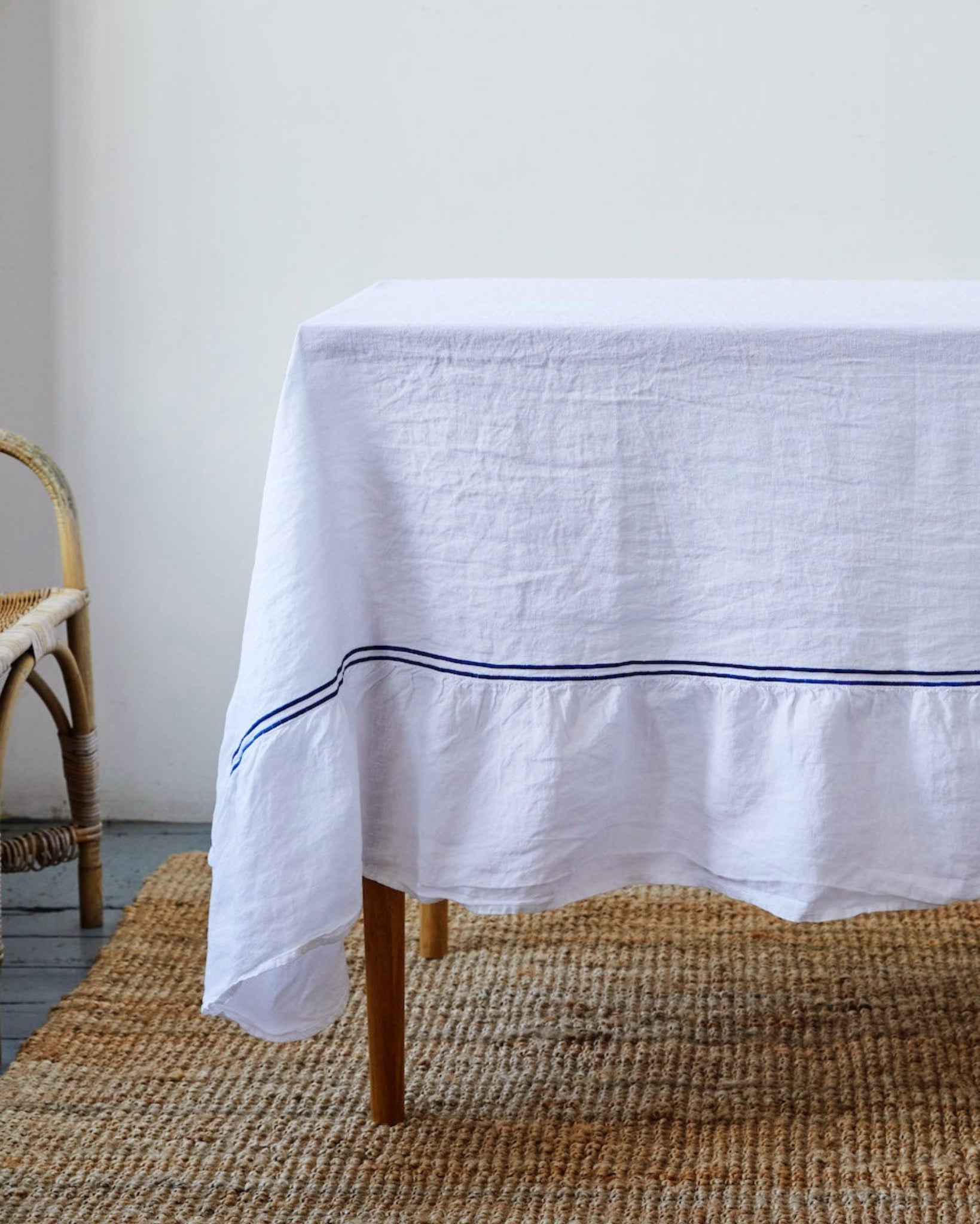 Issy Granger White Double Piped Linen Tablecloth