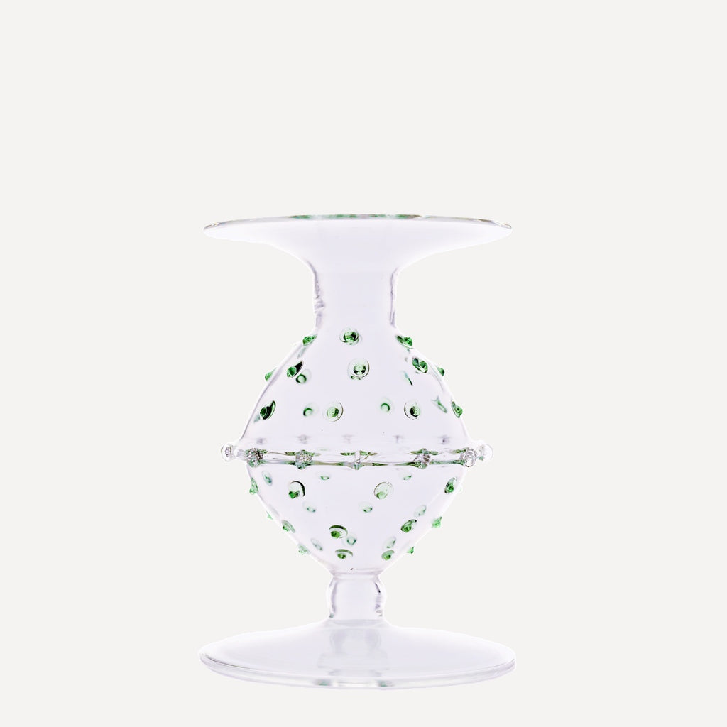 Issy Granger green spotty glass candlestick, candle holder