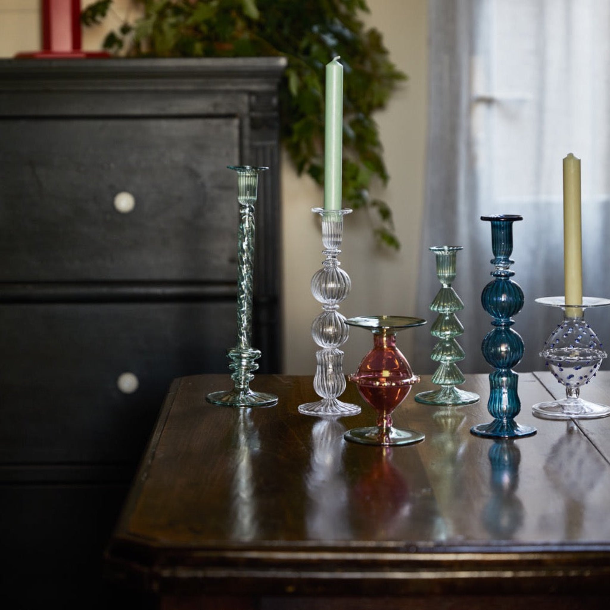 Issy Granger Green and Pink Glass Candlestick Candle Holder 