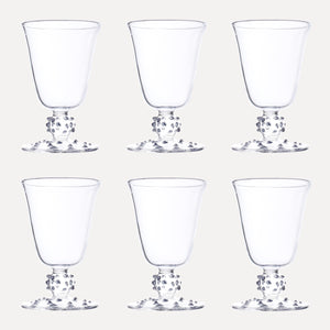 Issy Granger Clear Dotty Pom Wine Glasses Set of six. Champagne glass