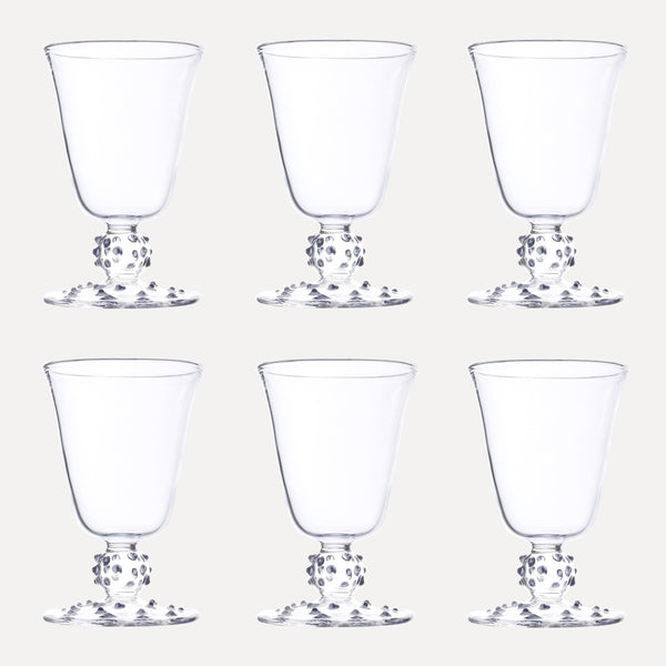 Issy Granger Clear Dotty Pom Wine Glasses Set of six. Champagne glass