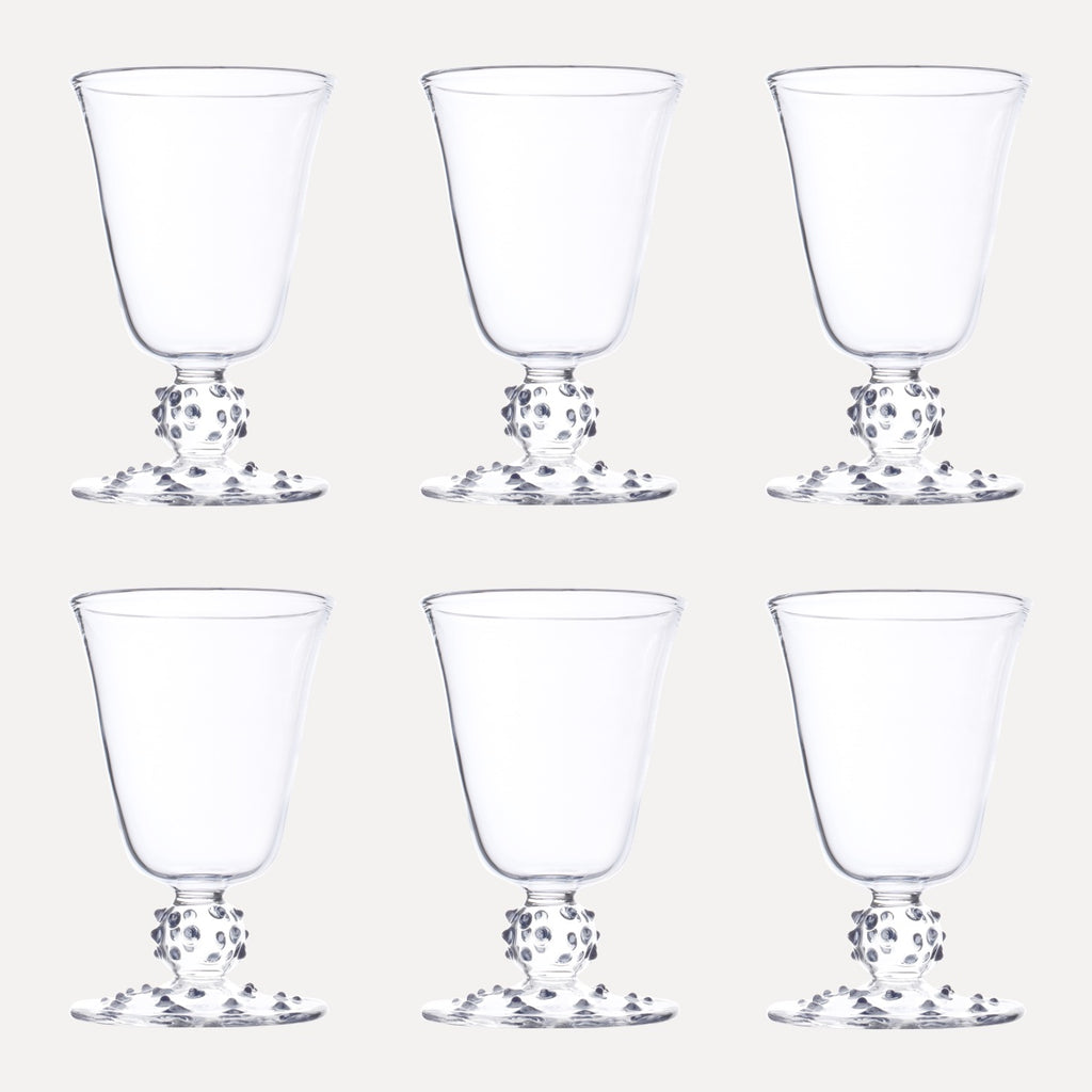 Issy Granger Clear Dotty Pom Wine Glasses Set of six. Champagne glass