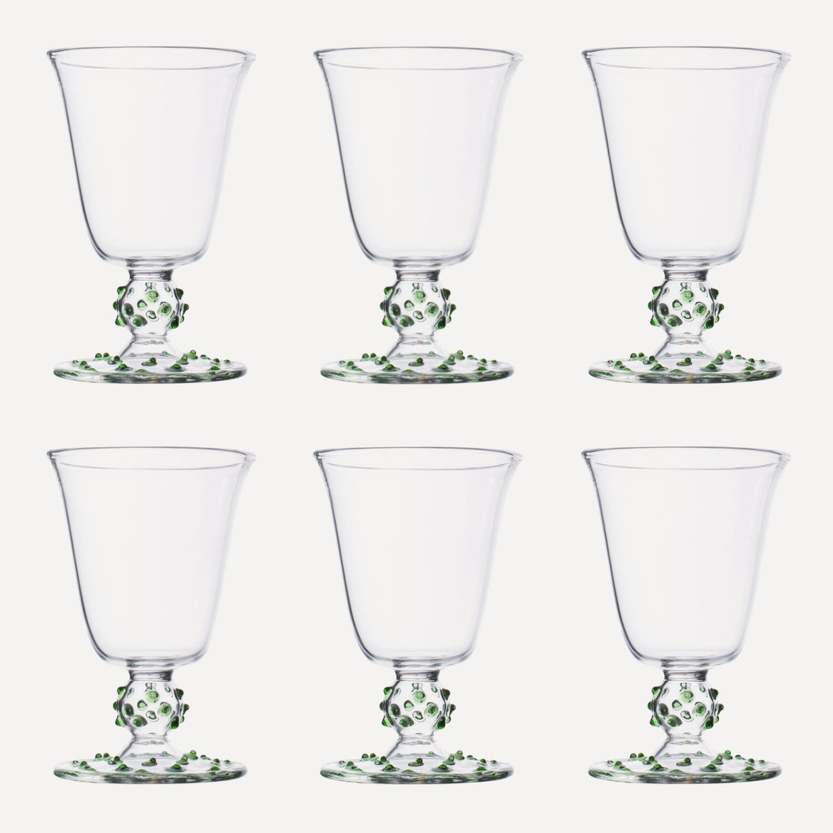 Issy Granger Green Pom Wine Glass. Spotty Wine Glass. Dotty Wine Glass. Champagne glass. Set of six glasses