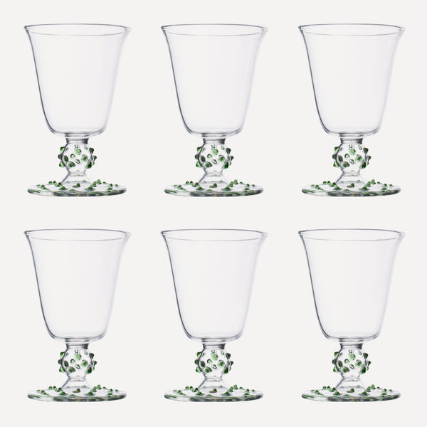 Issy Granger Green Pom Wine Glass. Spotty Wine Glass. Dotty Wine Glass. Champagne glass. Set of six glasses