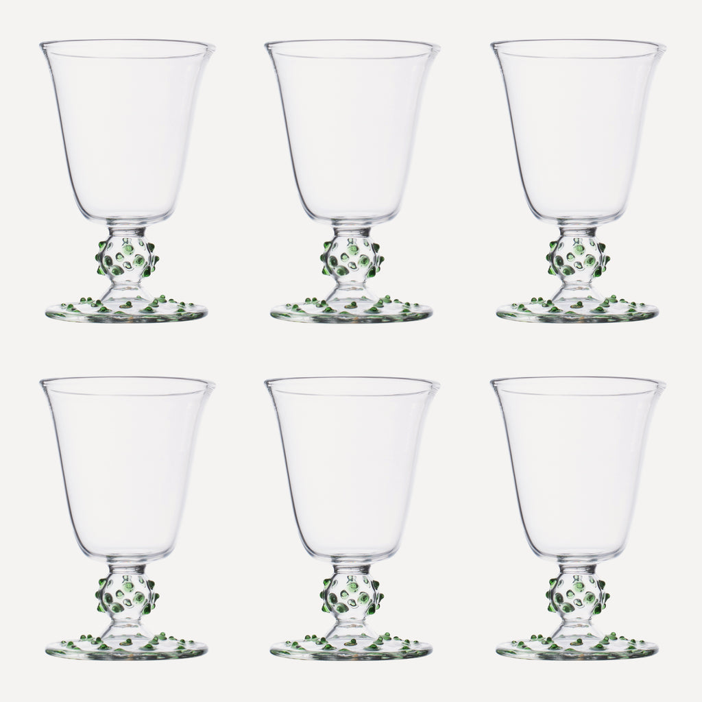 Issy Granger Green Pom Wine Glass. Spotty Wine Glass. Dotty Wine Glass. Champagne glass. Set of six glasses